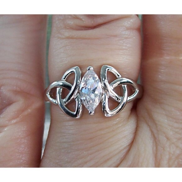 925 STERLING SILVER Dainty Celtic Triquetra Marquise Cubic Zirconia Ring - Picture 7 of 16